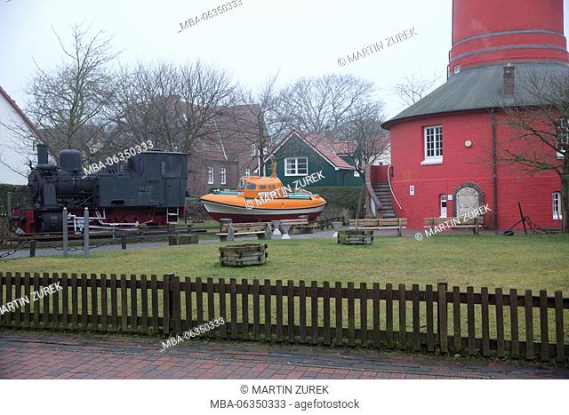 Old lighthouse and Inselmuseum (museum) on Wangerooge, Germany, Lower Saxony, the North Sea, winter