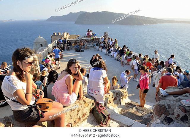 Europe, Aegean, Cyclades, Greece, Santorini, Thira, Island, Greek, Oia, island, architecture, town, travel destination, caldera, sea, crater, people, crowd