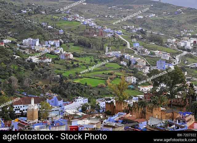 View from above on the foothills of the city, Chefchaouen, Northern Morocco, Tangier-Tétouan-Al Hoceïma region, Morocco, Africa