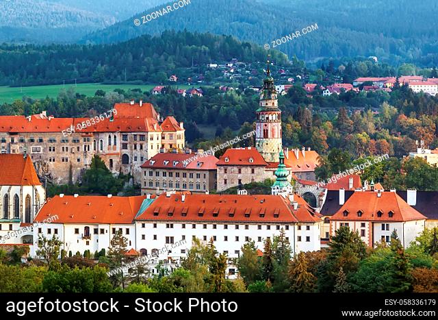 View of Cesky Krumlov with castle tower from the hill, Czech republic