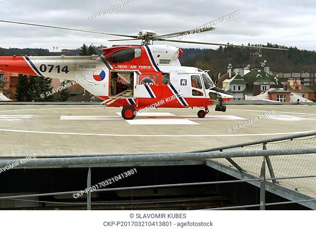 Search and Rescue System's W-3A SOKOL, multipurpose two-engine turbo-shaft rescue helicopter, lands at Karlovy Vary Hospital's heliport, Czech Republic