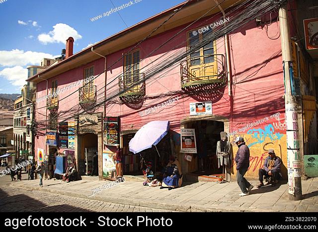 Colonial buildings with balconies used as shops selling art and craft at the historic center, La Paz, Pedro Domingo Murillo Province, Bolivia, South America