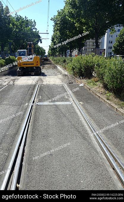 31 July 2020, Berlin: Construction work on the tracks of the M10 tram line near Landsberger Allee. The tracks of the M10 tram line between Landsberger Allee and...