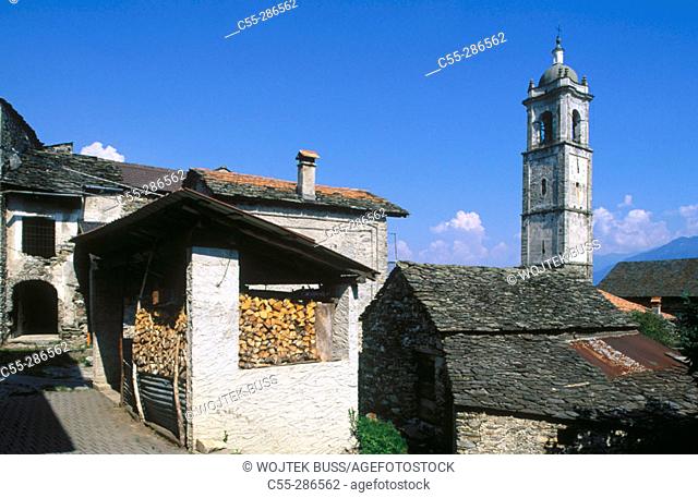 Bell tower of San Giacomo church in the village of Livio. Lombardy, Italy