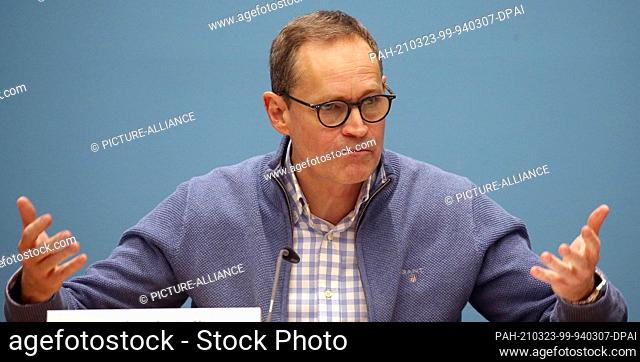 23 March 2021, Berlin: Michael Müller (SPD), Governing Mayor, answers questions from journalists at a press conference in the Rotes Rathaus after the Berlin...