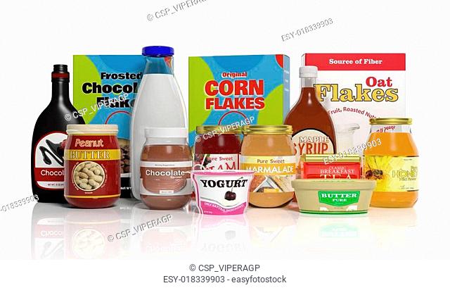 3D collection of packaged breakfast food isolated on white background