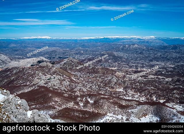 Stunning mountain winter landscape panorama as seen from the top of Mount Lovcen in Lovcen National Park, Montenegro