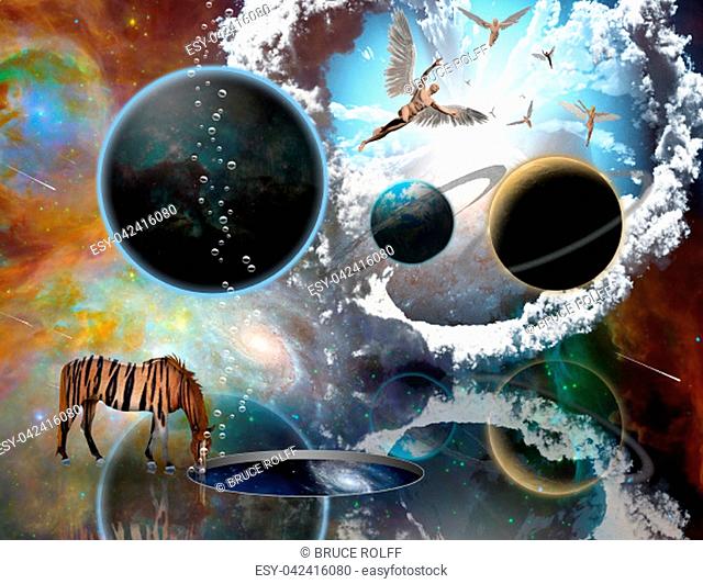 Angels comes from another dimension. Exo planets. Striped horse stands near wormhole. 3D rendering