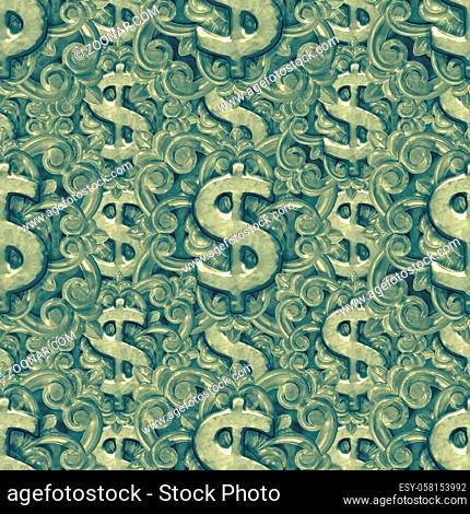Modern ornate money symbol seamless pattern design in green colors