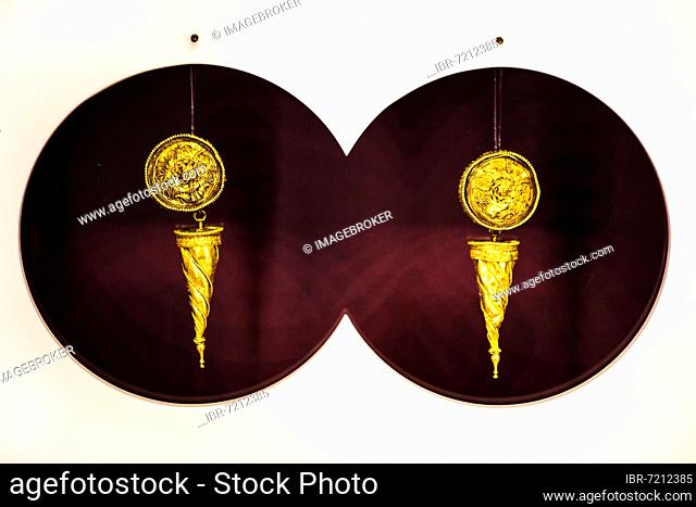 Disc earrings with conical pendant in gold, 3rd century BC National Archaeological Museum, Taranto, Apulia, Taranto, Apulia, Italy, Europe