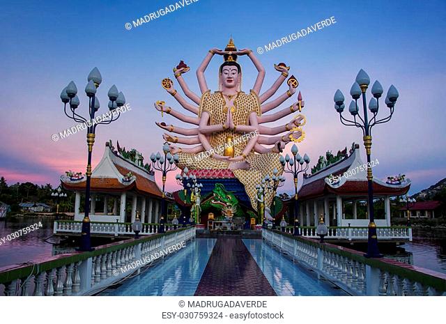 Buddhist pagoda at sunset. Temple complex Wat Plai Laem on Samui island. Thailand, Koh Samui
