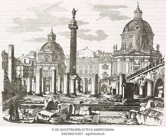 Trajan's forum, Rome, Lazio, Italy, engraving from L'album, giornale letterario e di belle arti, March 10, 1849, Year 16