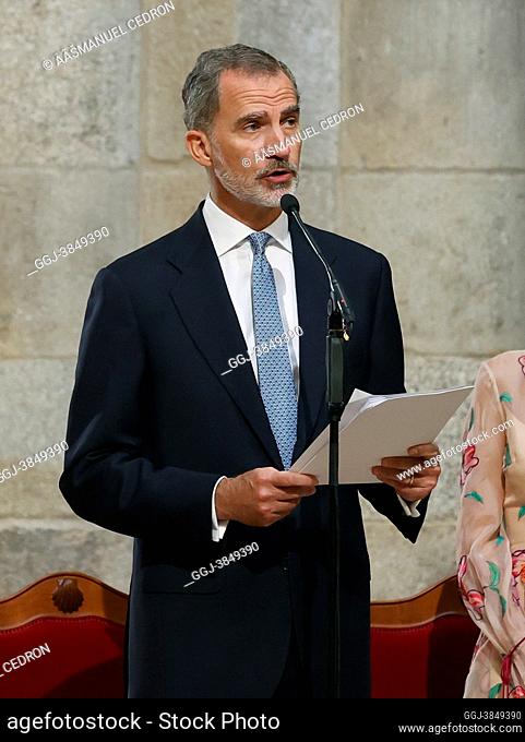 King Felipe VI of Spain, Queen Letizia of Spain, Crown Princess Leonor, Princess Sofia visit Santiago de Compostela and attend the Offering to the Apostle on...