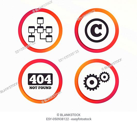 Website database icon. Copyrights and gear signs. 404 page not found symbol. Under construction. Infographic design buttons. Circle templates. Vector