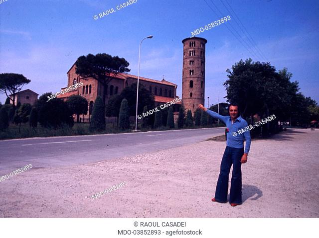 Italian musician Raoul Casadei poses in front of Basilica of Sant'Apollinare in Classe. Ravenna, 1975