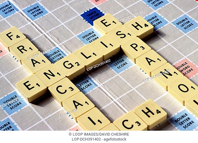 Scrabble letters arranged to spell European languages