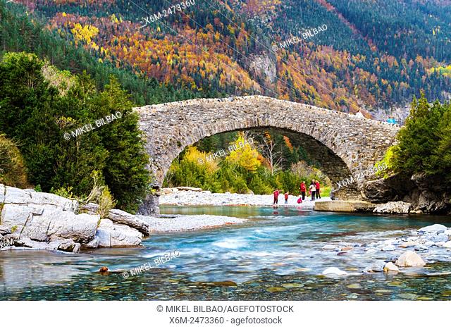 Ara river and romanesque bridge. San Nicolas de Bujaruelo. . Bujaruelo Valley. Pyrenees, Huesca, Spain, Europe