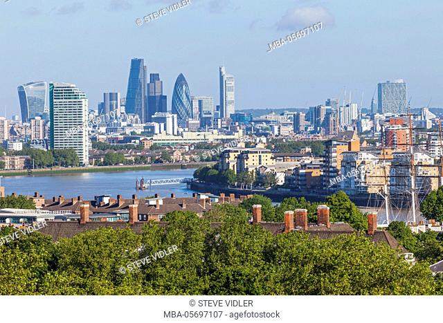 England, London, Greenwich, View of River Thames and London Skyline from Greenwich Hill
