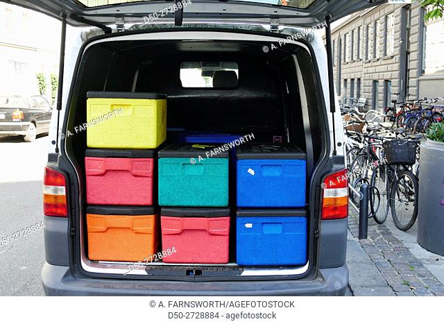 COPENHAGEN, DENMARK Color coordinated boxex in van