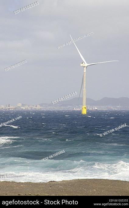 Las Palmas de Gran Canaria, March 3, 2022: Wind turbine offshore. Gran Canaria. Canary Islands. Spain