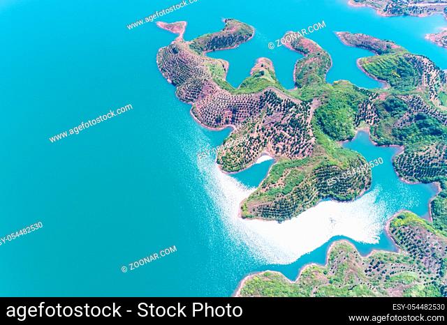 aerial view of hangzhou thousand island lake landscape in sunlight , China