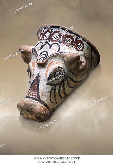 Phrygian terracotta decorated bull head shaped cult vessel. 8th-7th century BC . Çorum Archaeological Museum, Corum, Turkey