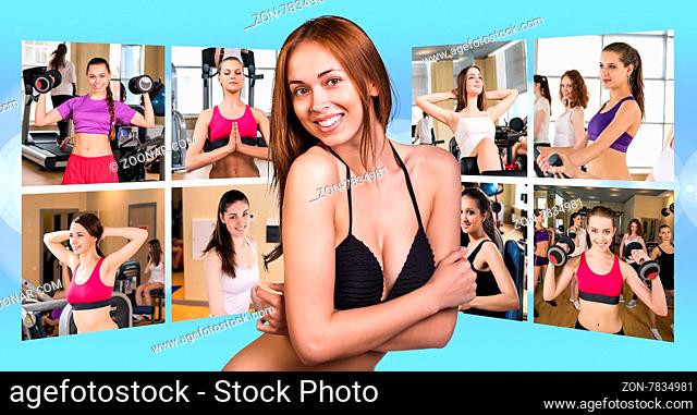 Collage of pretty fitness girls over blue background