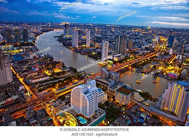 City Skyline and Chao Phraya River  Bangkok  Thailand