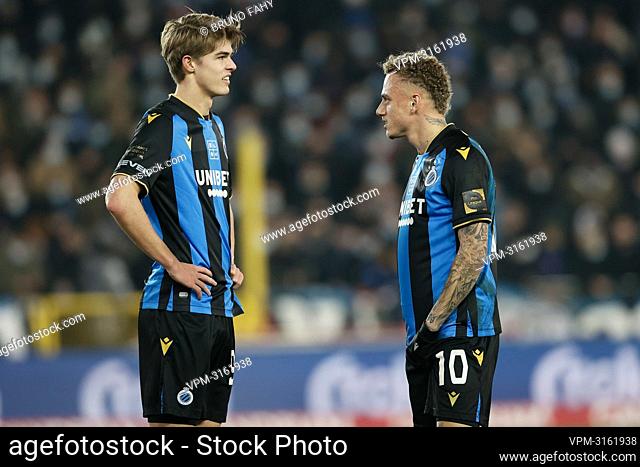 Club's Charles De Ketelaere and Club's Noa Lang pictured during a soccer game between Club Brugge and Oud-Heverlee Leuven, Thursday 23 December 2021 in Brugge
