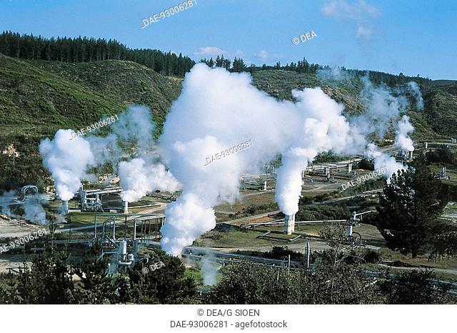High angle view of a geothermal power station, Wairakei, Taupo, New Zealand