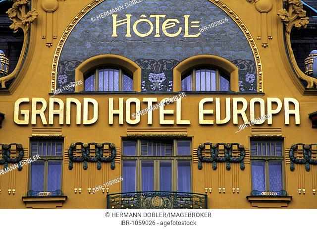 Art nouveau facade of the Grand Hotel Europa, Wenceslas Square, Prague, Czechia, Europe