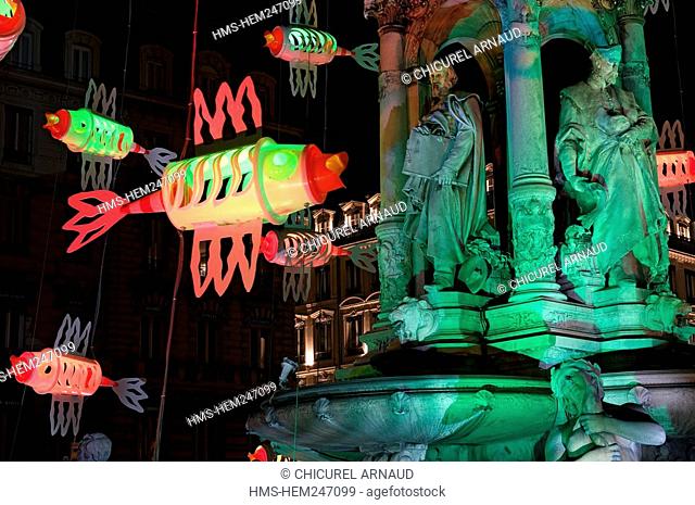 France, Rhone, Lyon, historical site listed as World Heritage by UNESCO, Fete des Lumieres Light Festival, fountain in Place des Jacobins