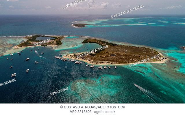 Aerial view Francisky Island with Coral reef and Turquoise Water in los Roques Venezuela