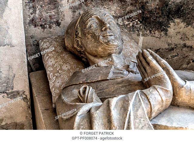 RECUMBENT STATUE OF GEOFFROY FAE, ABBOT OF BEC (1327-1335), FORMER REFECTORY TRANSFORMED INTO AN ABBEY CHURCH, NOTRE-DAME DU BEC ABBEY BUILT IN THE 11TH CENTURY