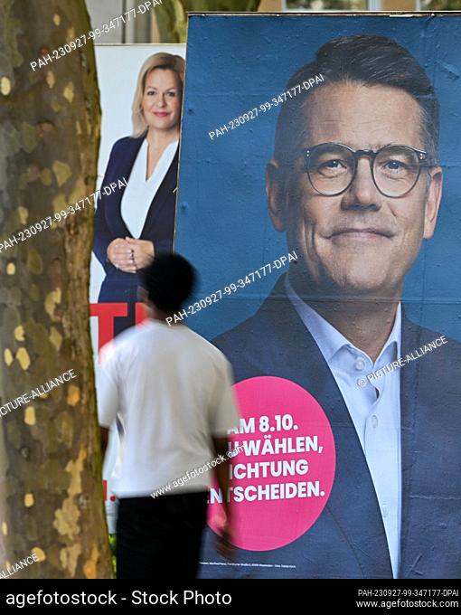 PRODUCTION - 26 September 2023, Hesse, Frankfurt/Main: Election posters of top candidates Boris Rhein (CDU, r), Minister President of Hesse