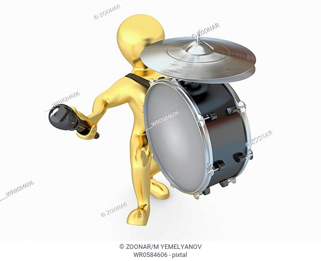 Man with drum and drumstick on white isolated background. 3d