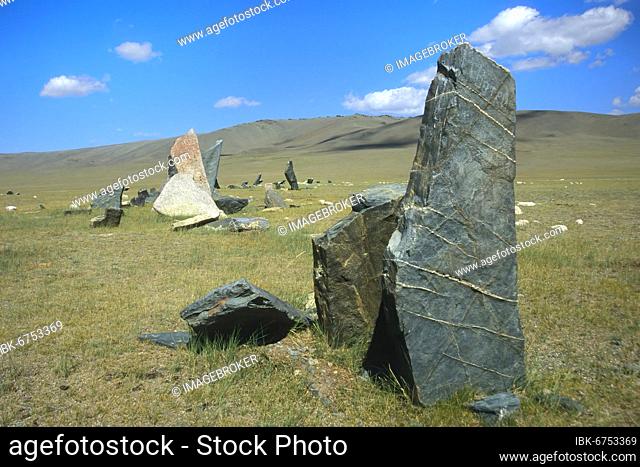 Funeral steles or deer stones, Sagsai river prehistoric burial site, Altai Mountains, Bayan-Olgii Province, Mongolia, Asia