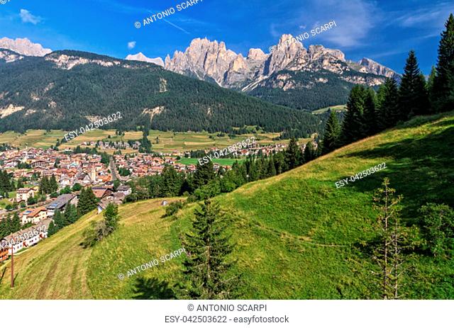 summer view of Val di Fassa with Pozza village, Trentino, Italy