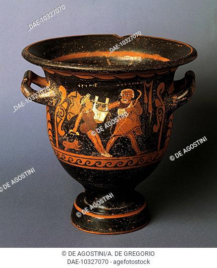 Bell-shaped crater with phlyax play scene, attributed to Asteas (active 350-320 BC), red-figure pottery, found in Pontecagnano, Campania, Italy