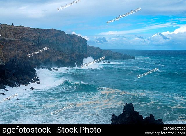 natural ocean swimming pools on Tenerife island while stormy weather. outdoor shot in Spain. copy space