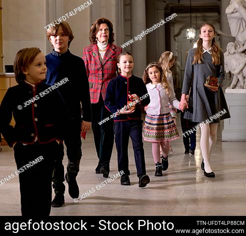 Queen Silvia was joined by her grandchildren: Prince Gabriel, Prince Julian, Prince Alexander, Princess Adrienne and Princess Estelle when they received and...