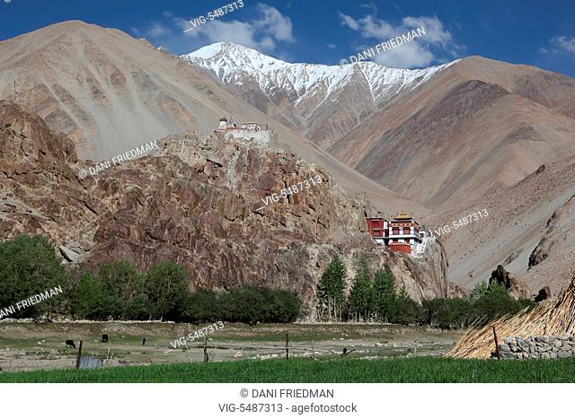 The recently restored Tangtse Gompa (Tangtse Monastery) in Tangtse, Ladakh, Jammu and Kashmir, India. Ladakh is renowned for its remote mountain beauty and...