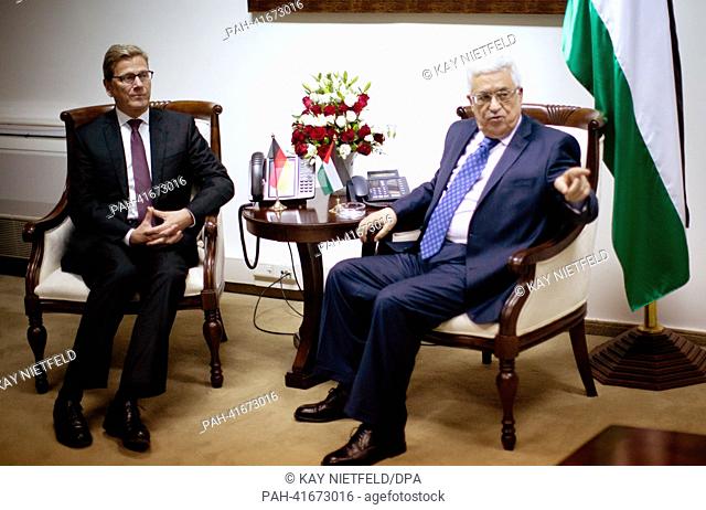 German Foreign Minister Guido Westerwelle (L) meets Palestine President Mahmud Abbas in Ramallah, Palestinian Territories, 12 August 2013