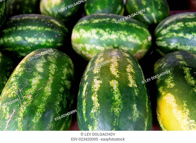 sale, harvest, food, fruits and agriculture concept - close up of watermelon at street farmers market