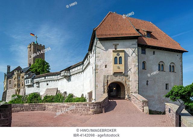 Wartburg castle, front gatehouse with drawbridge, UNESCO World Heritage Site, after restoration in 2014, Eisenach, Thuringia, Germany