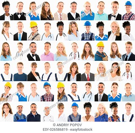 Set Of People With Different Professions In Row Against White Background