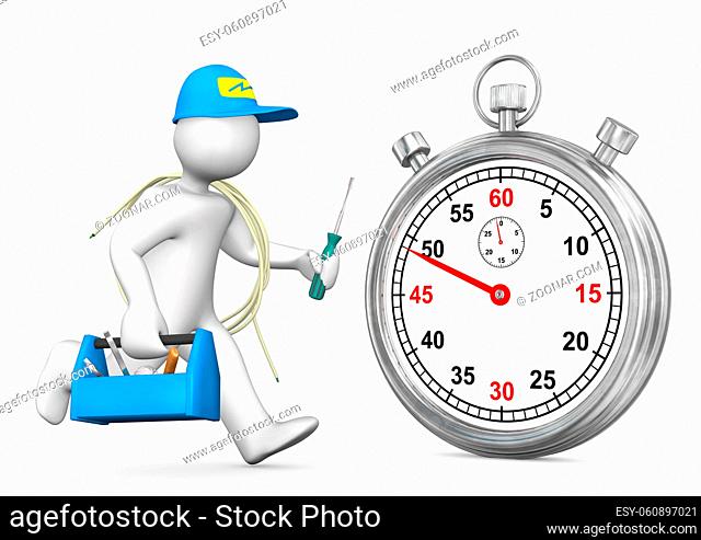 Running electrician with stopwatch on the white. 3d illustration