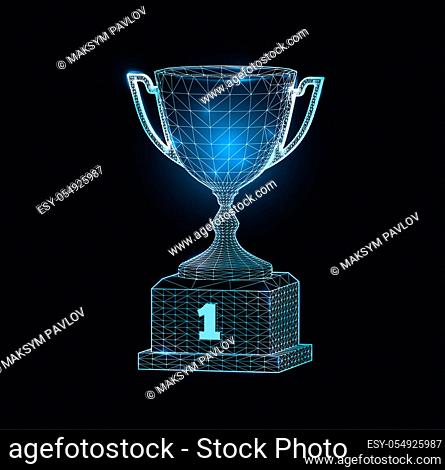 Winning award cup with polygonal grid on dark background. Vector illustration