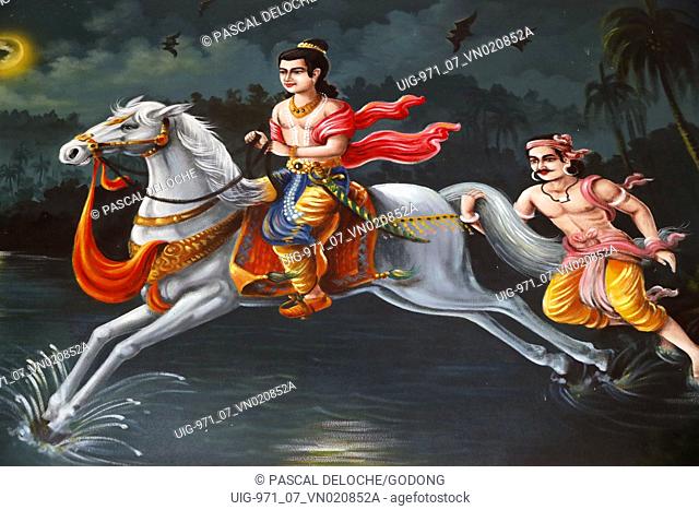 The Life of the Buddha, Siddhartha Gautama. Prince Siddhartha riding on Kanthaka his fovourite stallion and followed by Channa his loyal charioteer