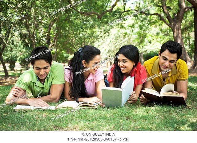 Friends studying in a park, Lodi Gardens, New Delhi, Delhi, India